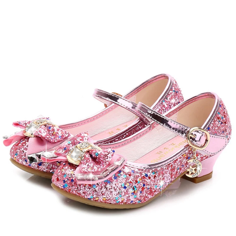 Pink Princess Kids Leather Shoes for Girls Flower Casual Glitter Children High Heel Girls Shoes Butterfly Knot Blue Pink Silver - Color: Pink