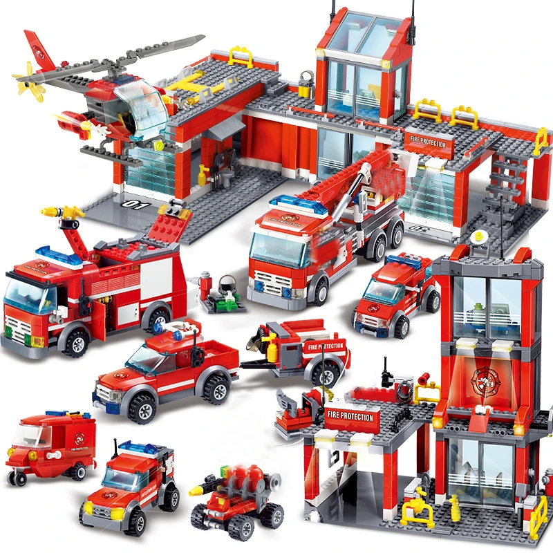 

QWZ City Fire Sets Station Series Ladder Truck Building Blocks Classic Bricks Model Kids Toys for Children Gifts