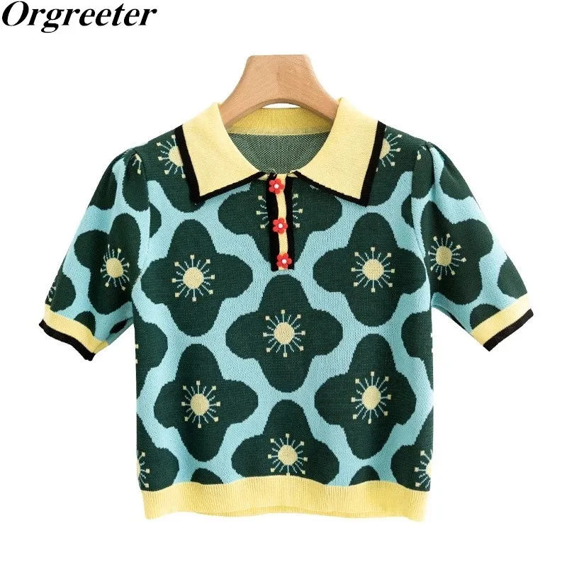 Свитер женский тонкий пуловер жаккардовый с цветочным узором и коротким рукавом