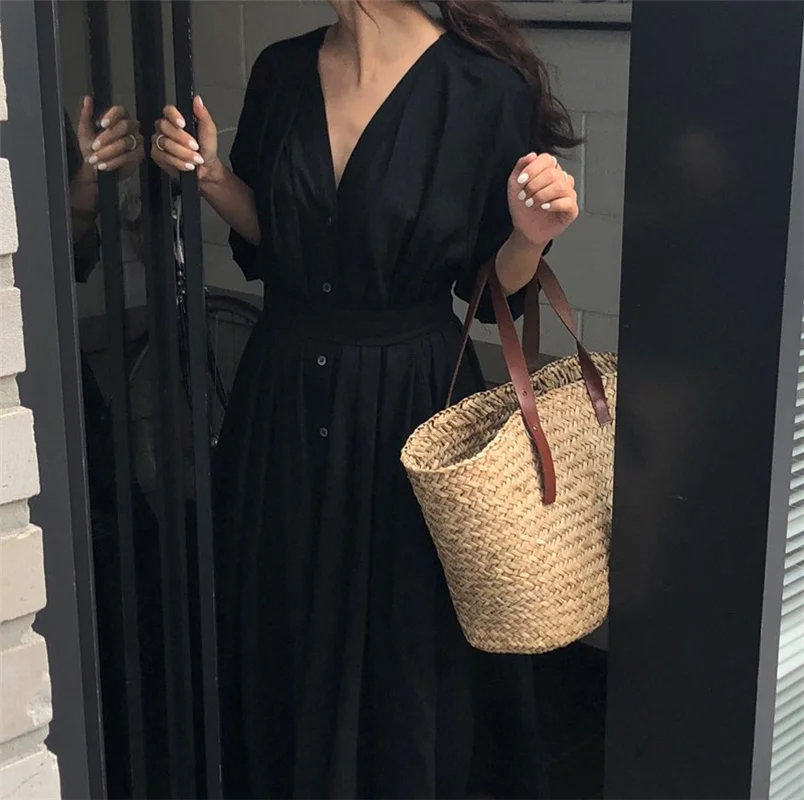 

GOOHOJIO 2020 Spring Summer Women Dress Vintage Elegant A-Line Fold Pleated Big Hem Bottoms Lace Up V-Neck Wrist Long Dresses