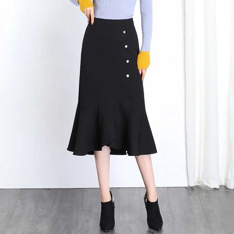 

2021 Fashion New Spring Autumn Female Fishtail High Waist Ruffle Line Black Casual Skirt High Quality Fashion Plus Size