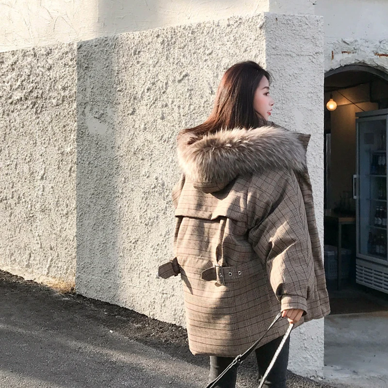 Зимние парки в клетку Женская куртка 2019 большой меховой воротник с капюшоном