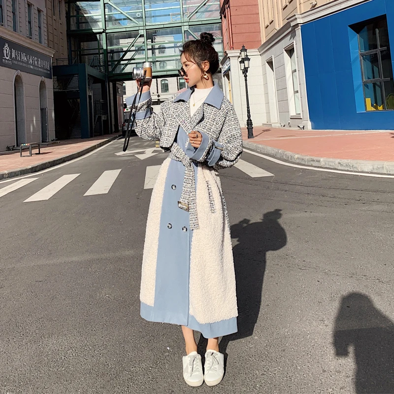 

Women's Woolen Coat Long Style Korean Autumn Winter Long sleeve Loose Popular Lamb Wool Stitching Windproof Big Size New Jacket
