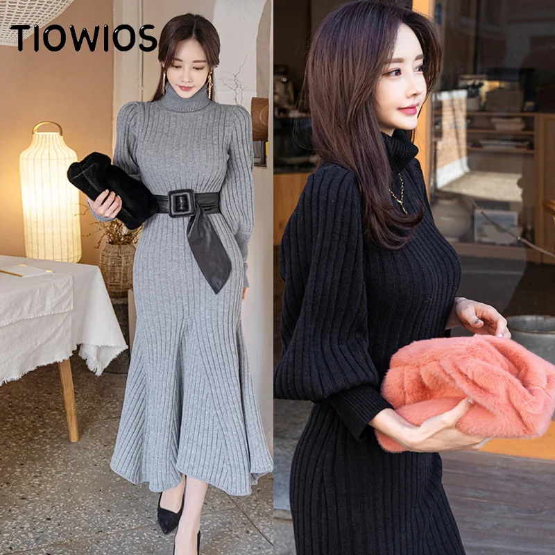 

Женское трикотажное облегающее платье-Русалка с высоким воротником и рукавами-фонариками