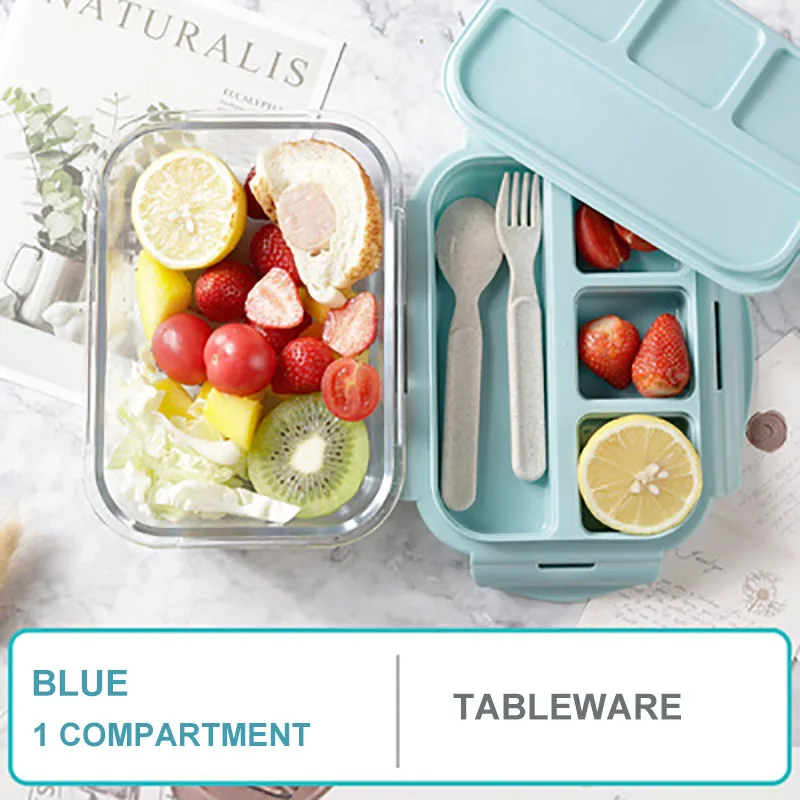 Baispo Ланч-бокс для детей стеклянный микроволновый Bento box контейнер для еды и отсек для хранения школы герметичный кухонный с подогревом - Цвет: Blue 1 compartment