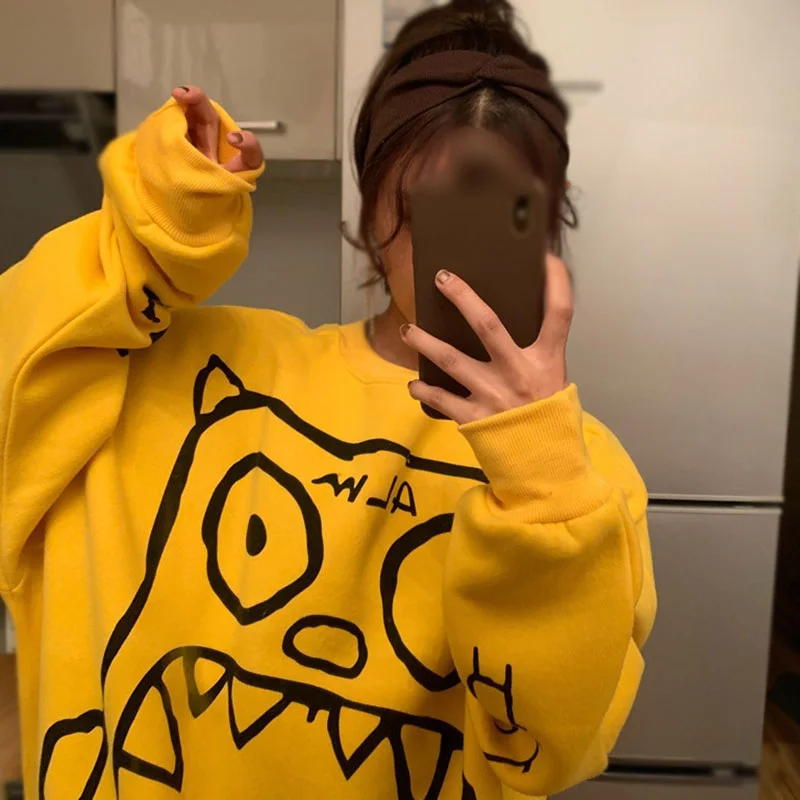 

Fashion Harajuku Sweatshirt Autumn Winter Warm Cartoon Print Plus Velvet Loose Top Pullover Femmes Sweatshirts