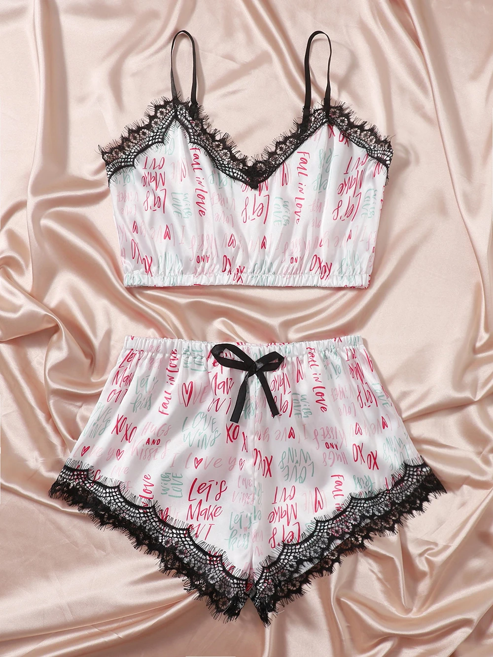 

Women Sexy Two-piece Pajamas Set White Letters Printed Pattern V-neck Tops and Shorts Women's Sleep