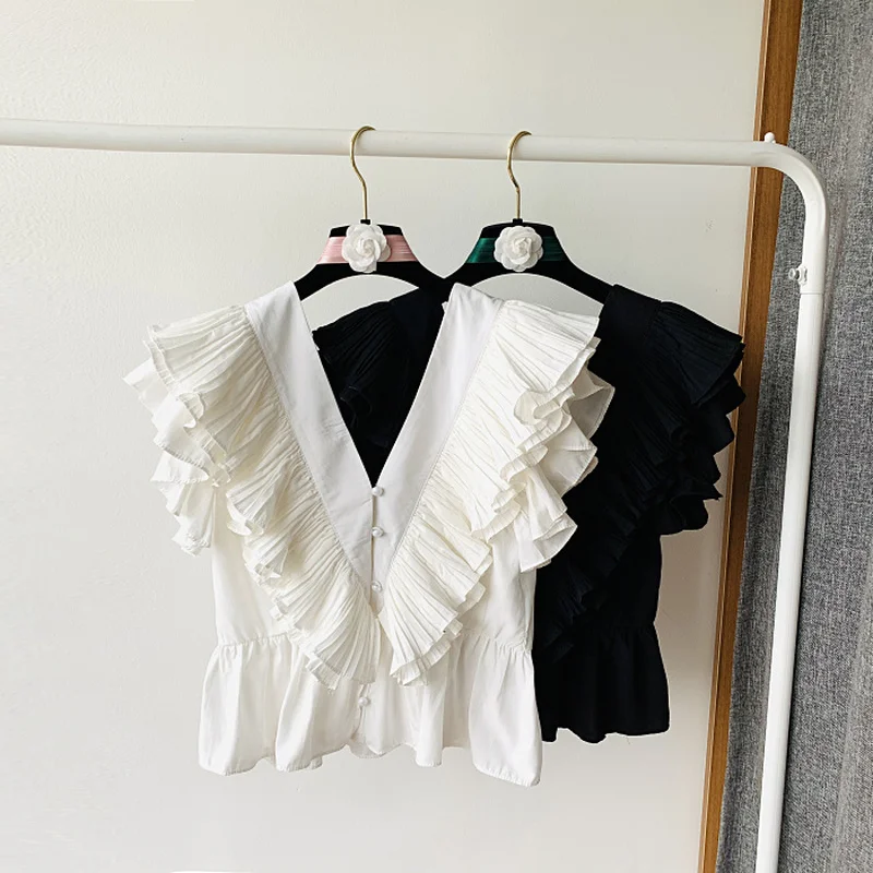 

Kimutomo Sweet Ruffles Blouse Women 2021 Summer Elegant Korea Chic Ladies Solid Color V-neck Backless Single Breasted Shirt