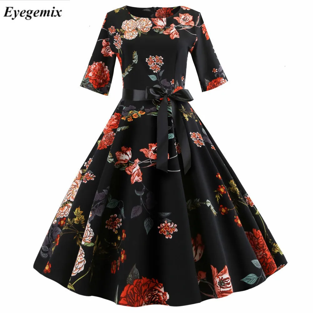 Autumn New Floral Print Vintage Vestidos 3/4 Sleeve Elegant Midi Dresses Tunic Robe Femme Casual Office Work Party Dress |
