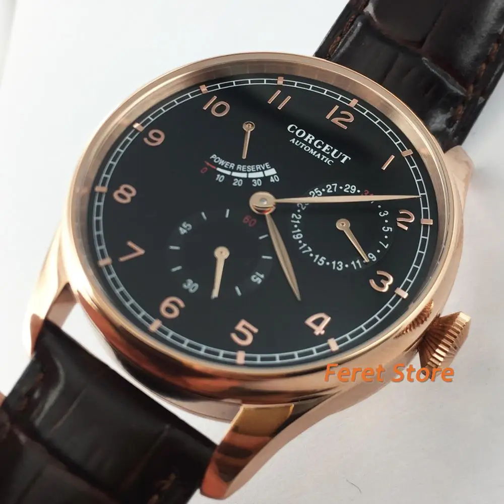 Corgeut новинка 42 мм розовое золото чехол сапфировое стекло черный циферблат дата
