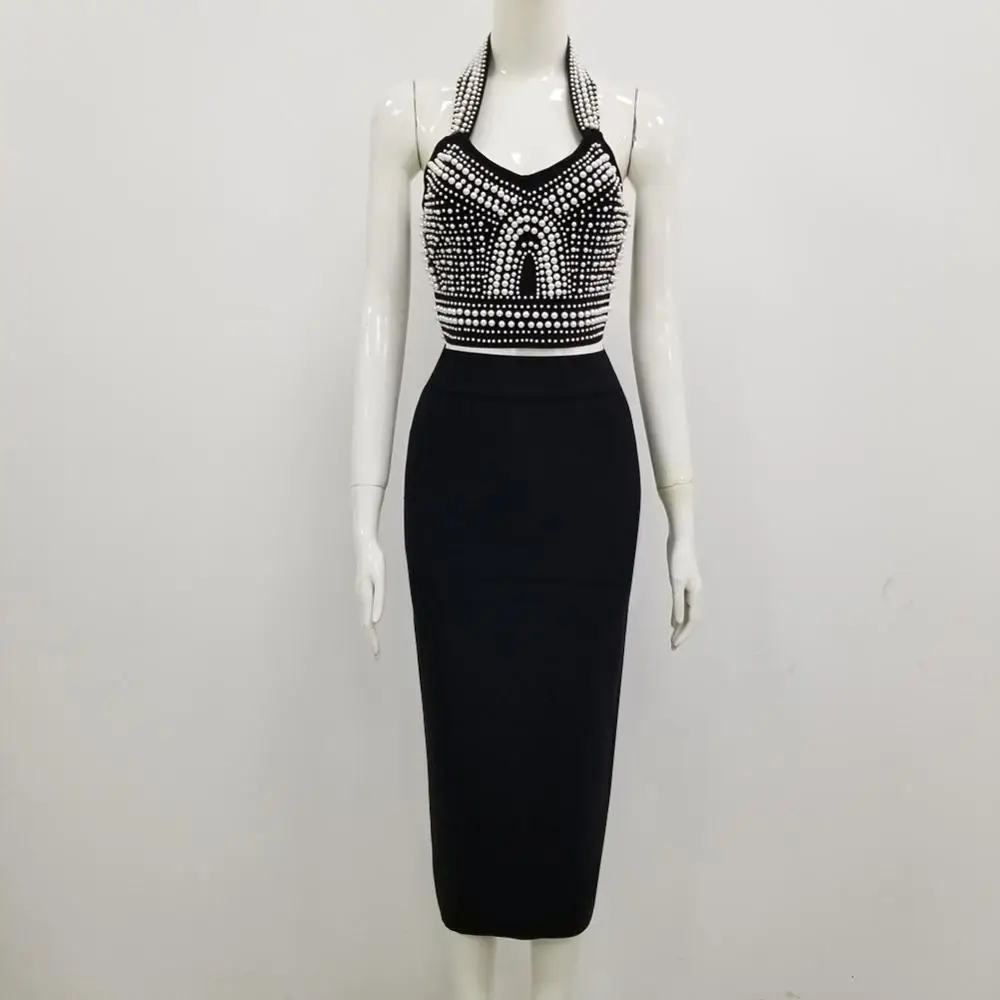 

2020 Sexy Halter Two Piece Set Solid Pearl Bodycon 2 Piece Set Women Sleeveless Beading Top And Skirt Summer Fashion Lady Suits