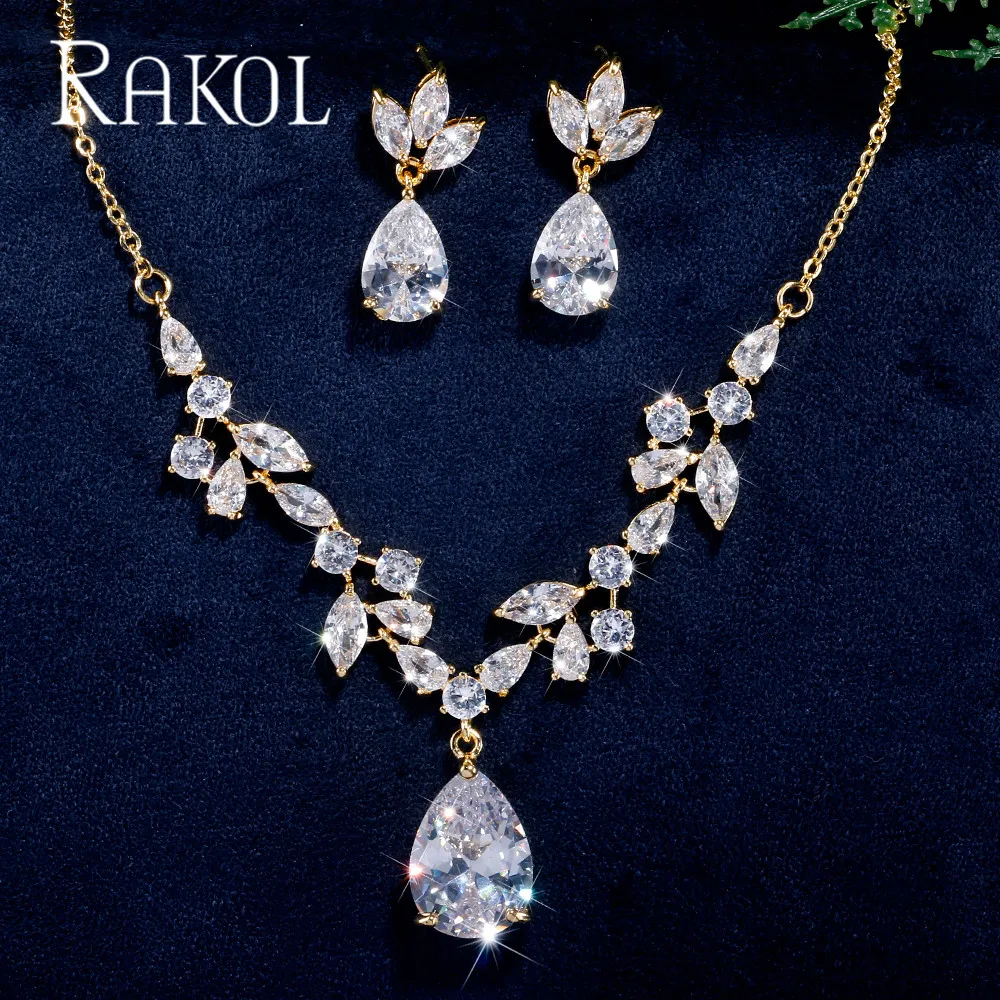 

RAKOL Water Drop White Color Luxury Cubic Zirconia Necklace Earring Jewelry Set for Women Fashion Dubai Leaf Party Wedding Dress