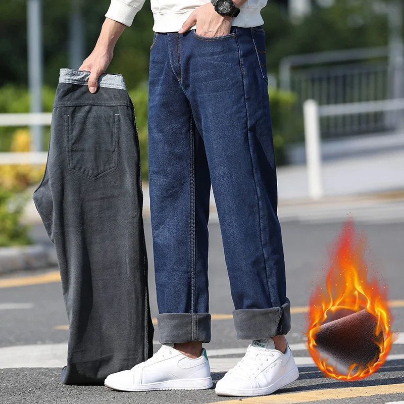 

42 44 46 48 Plus size Winter Volcanic Rock Thick Warm Jeans Classic Brand Men's Fleece Straight Loose 98% cotton Stretch Jeans