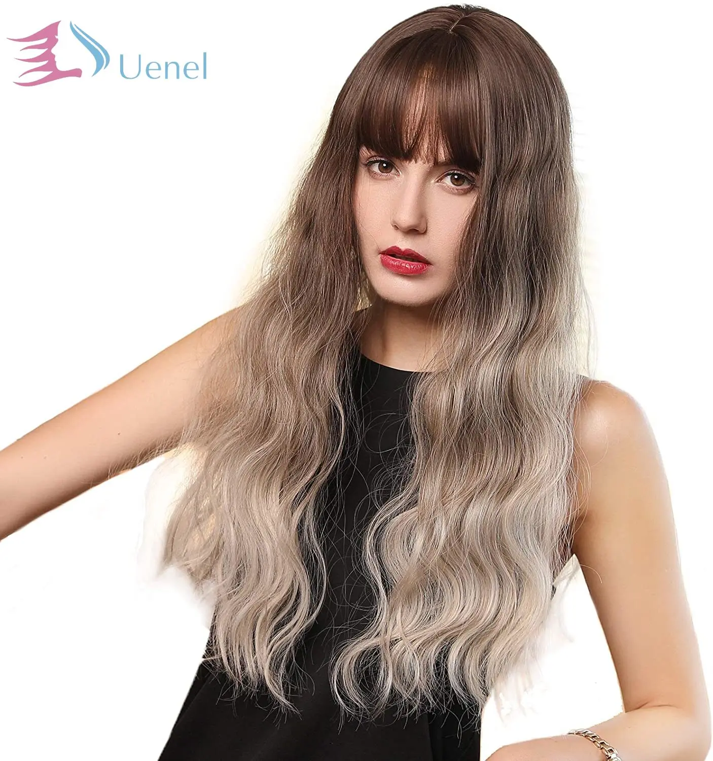 

Uenel Long Curly Synthetic Hair Wigs for Women Blonde Wig with Bangs Brown wig