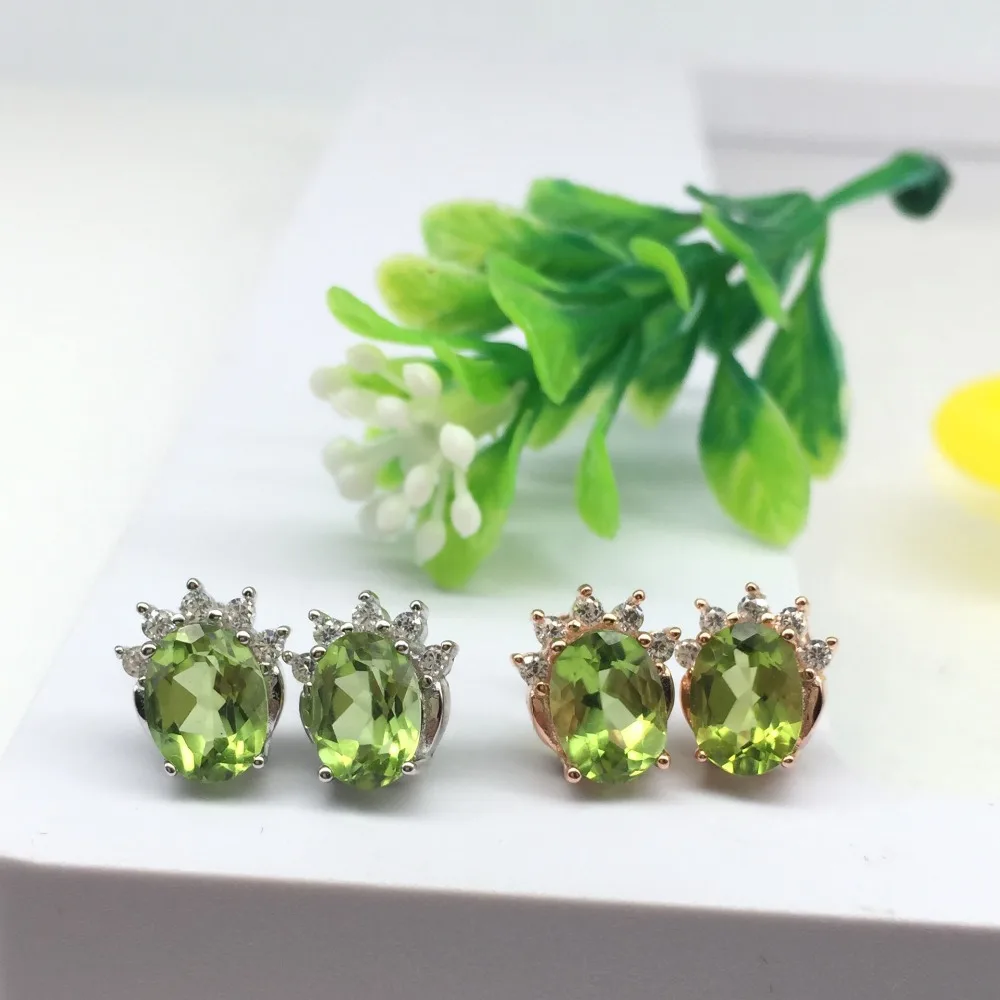 925 Sterling Silver Earrings Oval Natural Green Peridot Birthstone Stud for Women Fine Jewelry | Украшения и аксессуары