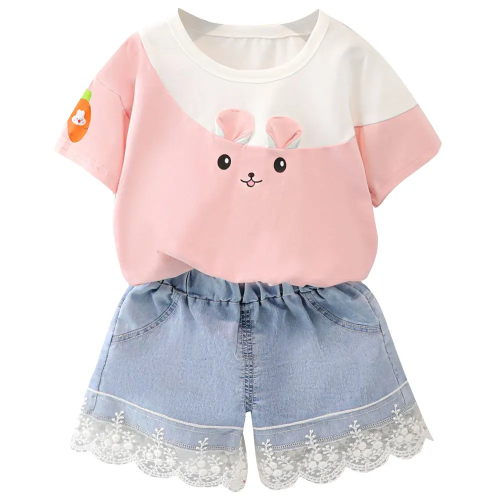 

Summer Toddler Girl Clothes Sets Korean Cartoon T-Shirt And Lace Denim Shorts Two Piece Newborn Outfit Lovely Cotton Infant Suit