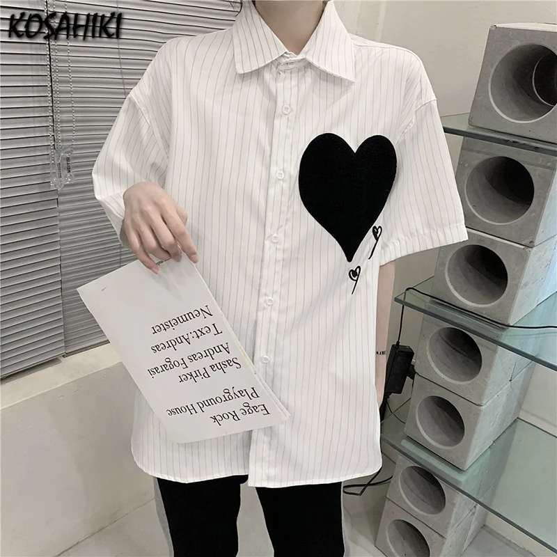 

KOSAHIKI Harajuku Blouse New Summer Women Vintage Heart Print Striped Oversized Loose Short Sleeve Top Shirts Female Streetwear