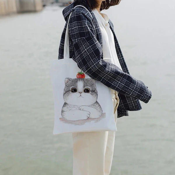 

Новая женская повседневная школьная Милая Холщовая Сумка для покупок с принтом кошки, женская сумка, многоразовая вместительная сумка-тоут