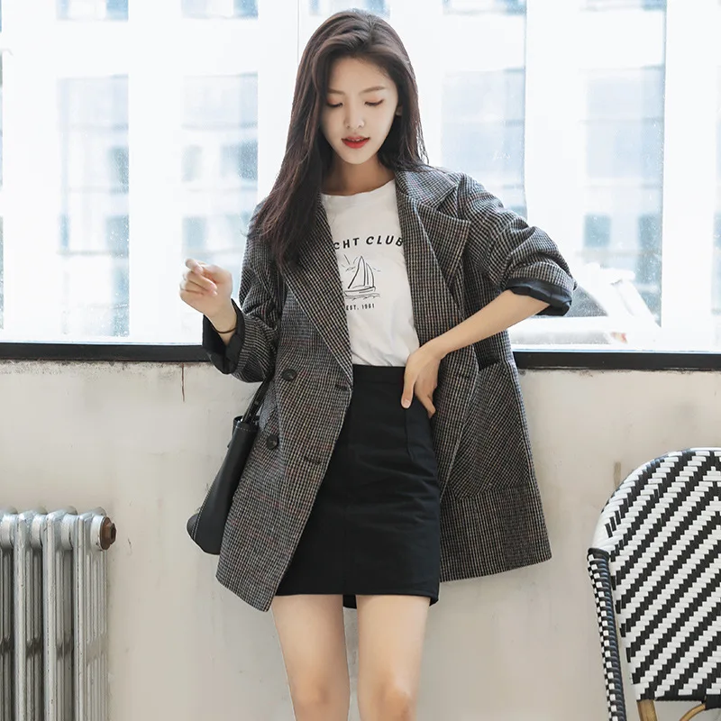 Women 2019 FW Double Breasted Plaid Tweed Blazer and Jacket | Женская одежда