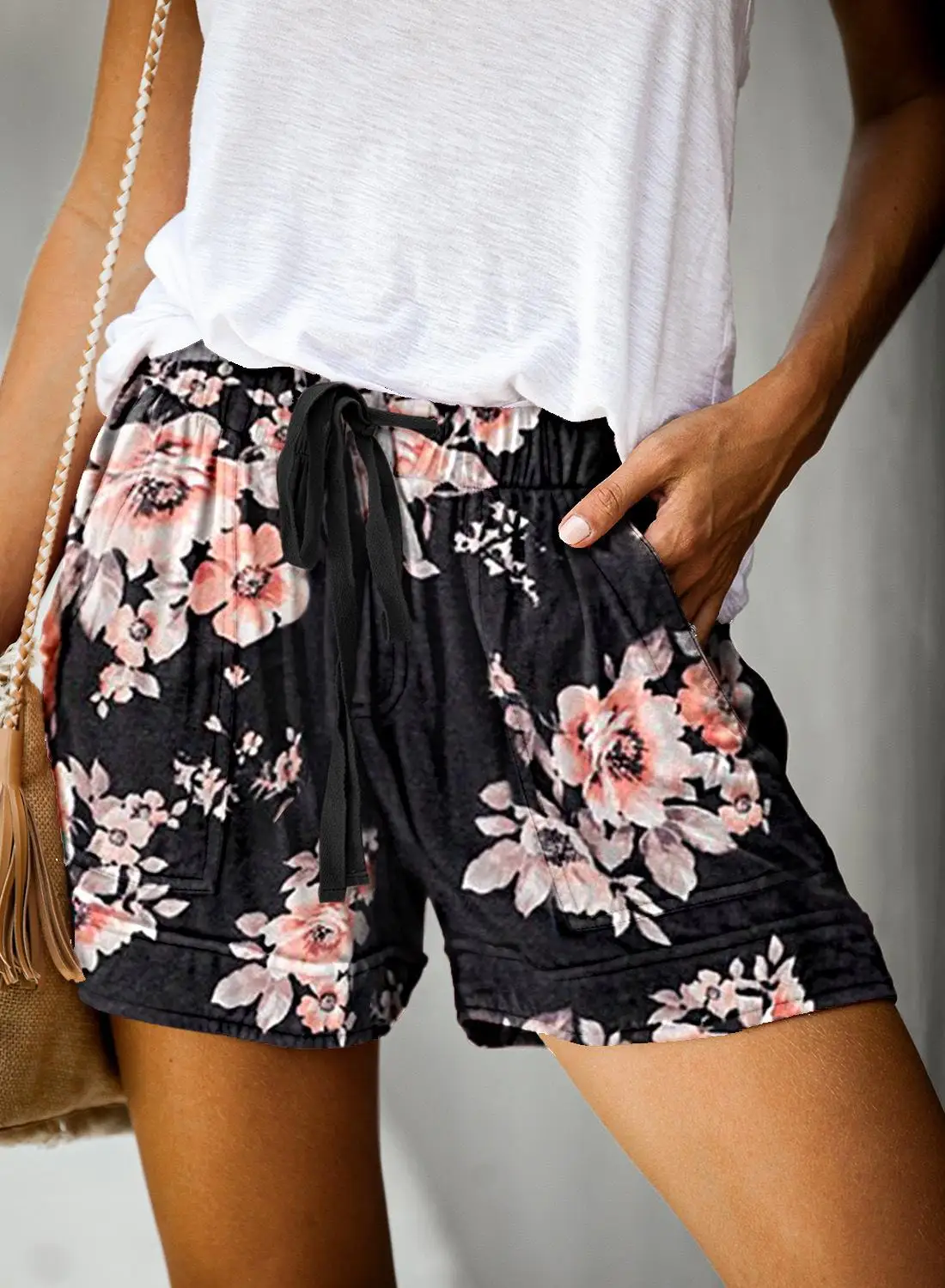 

2020 Hot High waist Women shorts Comfy Drawstring Splice Casual Elastic Waist Pocketed Loose short Pocketed Loose Shorts