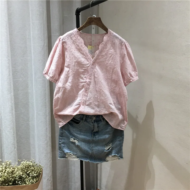 

Little flowers surface embroidery V-neck cotton 100% kawaii short sleeve shirt