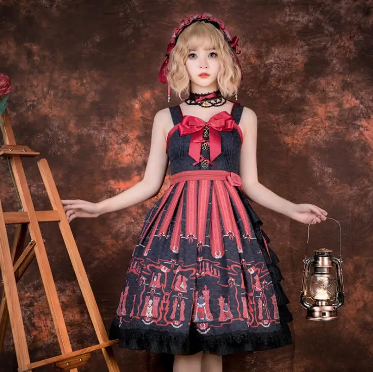 

Vintage palace gothic lolita dress lace bowknot printing princess daily victorian dress kawaii girl tea party loli cosplay jsk