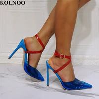 kolnoo new arrival womens handmade high heels sandals red cross buckle strap pvc leather large size fashion evening summer shoes