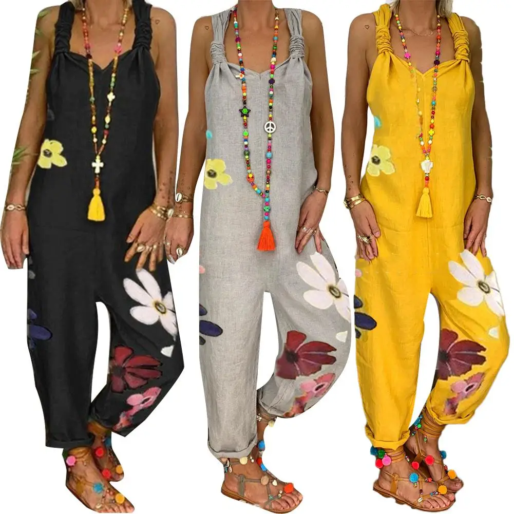 

Women Sleeveless Bib Overall Backless Floral Print Loose Jumpsuit Dungarees