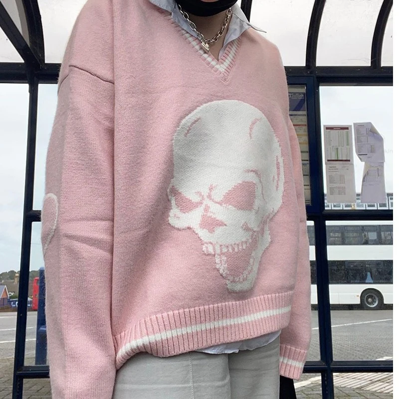 

Women's sweater grunge aesthetic Skull knit print y2k Blouse v-neck winter street long sleeve Sweater oversize vintage tops