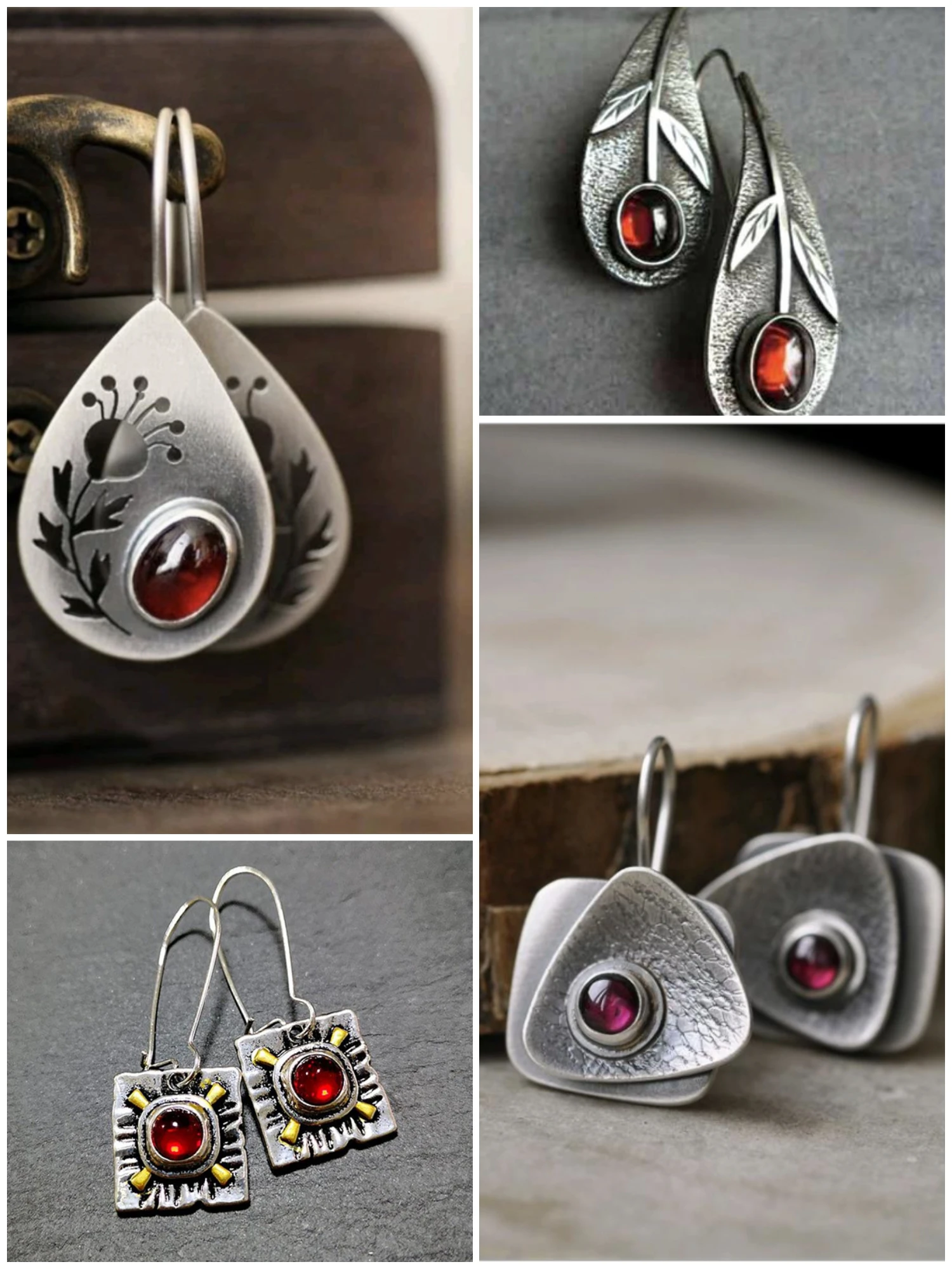 

Vintage Silver Fashion Hook Earrings for Women Red Stone Crystal Eye Leaf Hollow Pendant Dangle Party Jewelry Christmas Gift