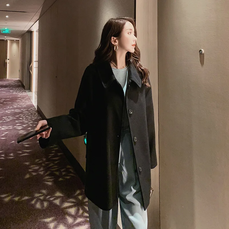 

Woolen Blends Women Winter Long Coat Ladies Elegant All-match Causal Korean Style Womens Clothing Chic Ulzzang Single Breasted
