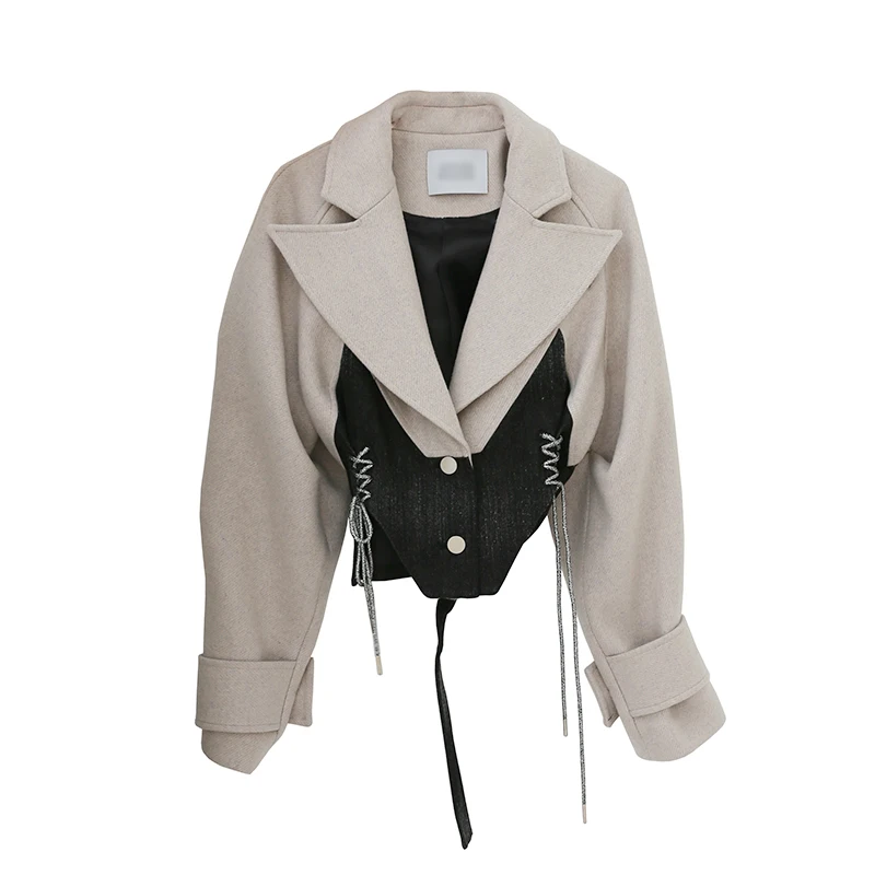 

VGH casual patchwork tunic jackets for women lapel long sleeve irregular bandage lace up short tops female fashion new clothign