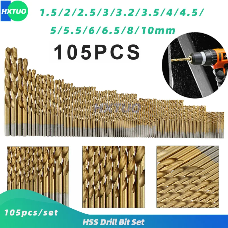 

105pcs Titanium Coated Drill Bits Set HSS Mini Extractor Drill Bit 1/1.5/2/2.5/3 to10mm For Metal Wood Aluminum Drilling Tools