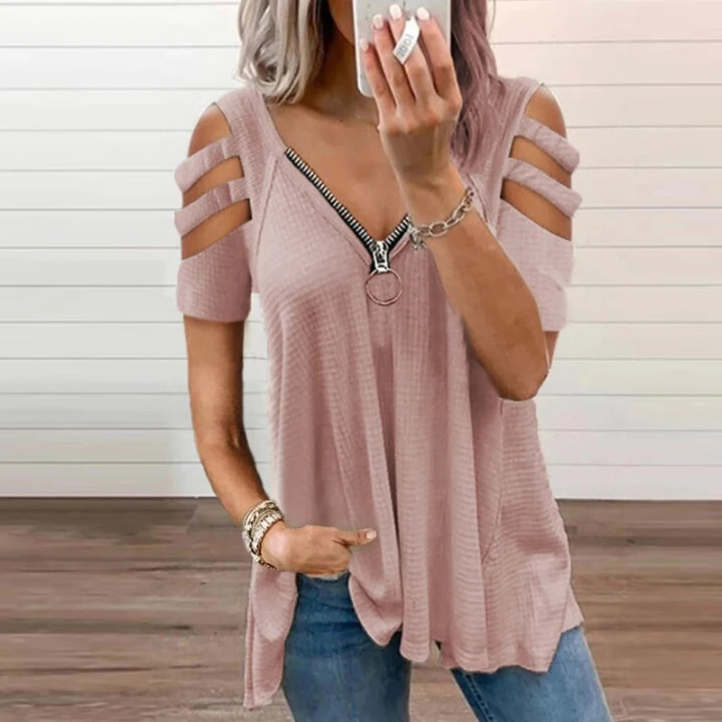 

Summer Fashion Tees Hollow Out Long Sleeve Tops Lady Elegant Zip V-Neck Solid Shirts 2021 Spring Casual Women Blusas Sweatshirt