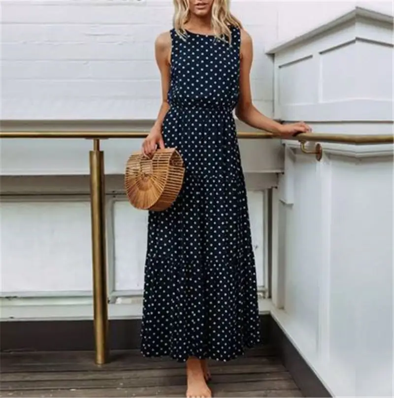 

Boho Ruffled Long Dress Summer Fashion Women Polka Dots Sleeveless Maxi Dress