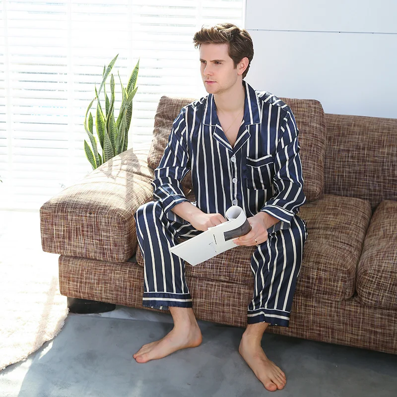 Men's Adult Long Sleeve Silk Shirt and Pants Pajama Sets Stripes Hombre Pajamas Pjs Sleepwear Masculino Lounge Set 2020 Autumn
