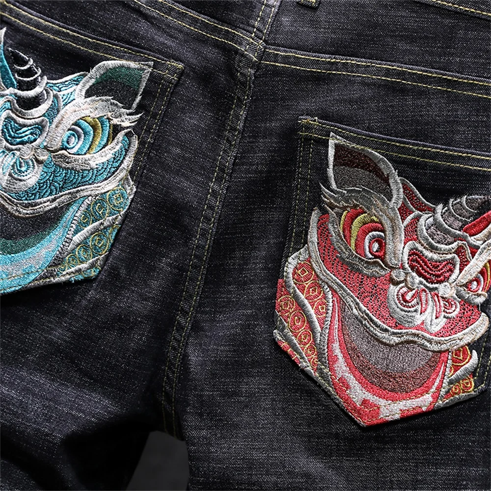 EH·MD® 2020 Red Ear Denim Lion Head Embroidery Pattern Jeans Men's Chinese Retro Small Straight Loose Black Trousers Golden Silk