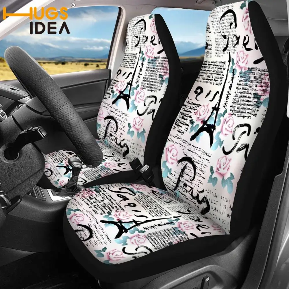 

HUGSIDEA Paris Newspaper Printed 2pcs Car Seat Covers Vehicle Decor Accessories Universal Cars SUV Protector Seat Cover