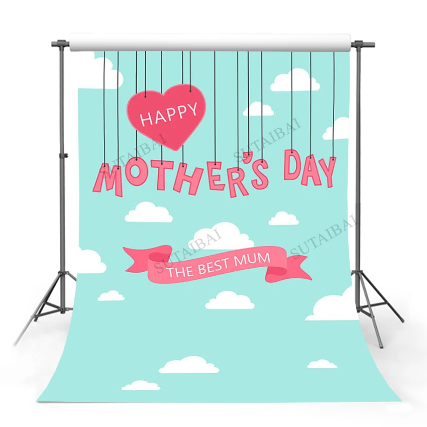 

Love Heart Mother's Day Backdrop Blue Sky Cloud Mother Love Mom Banner Decoration Photographic Backdrops For Photo Studio Props