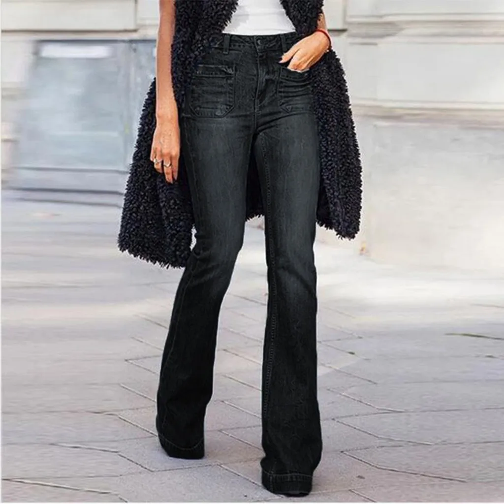 Женские расклешенные джинсы с пуговицами на талии 2020 женские брюки джинсовые