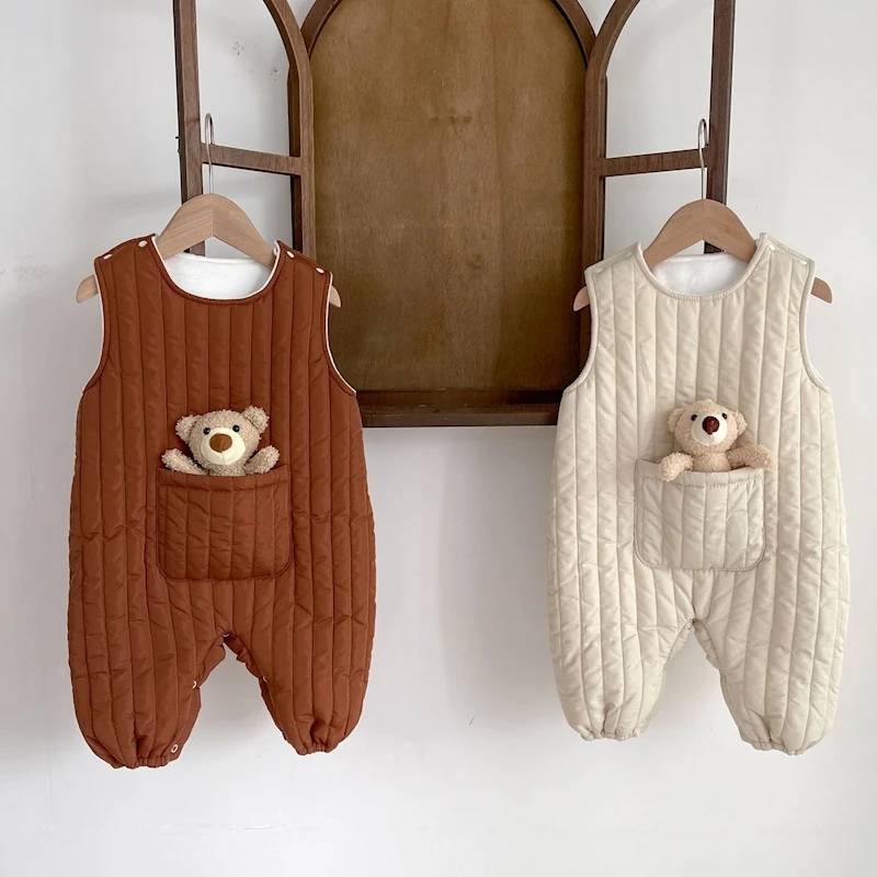 

Japanese Korean Style Baby Warm One-piece Clothes New Fashion Winter Quilted Thick Solid Color Newborn Long Romper With Cute Toy