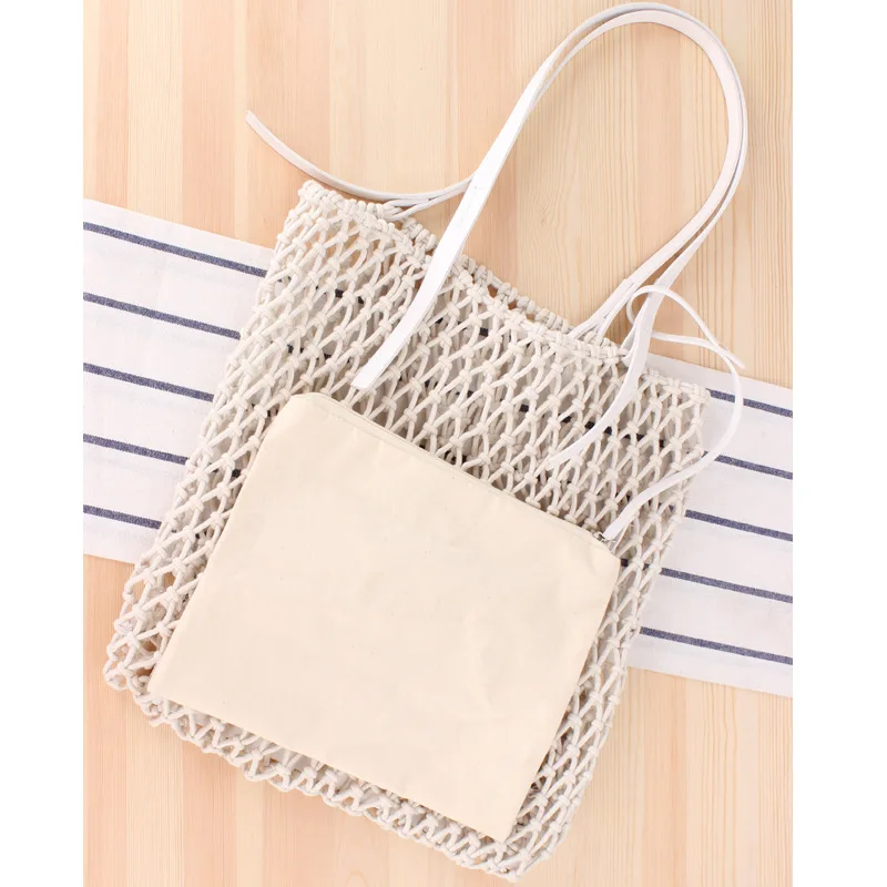 

New Solid Color Leather Handle Hand Woven Bag Sen Tied Handmade Cotton Rope Net Bag Holiday Beach Bag