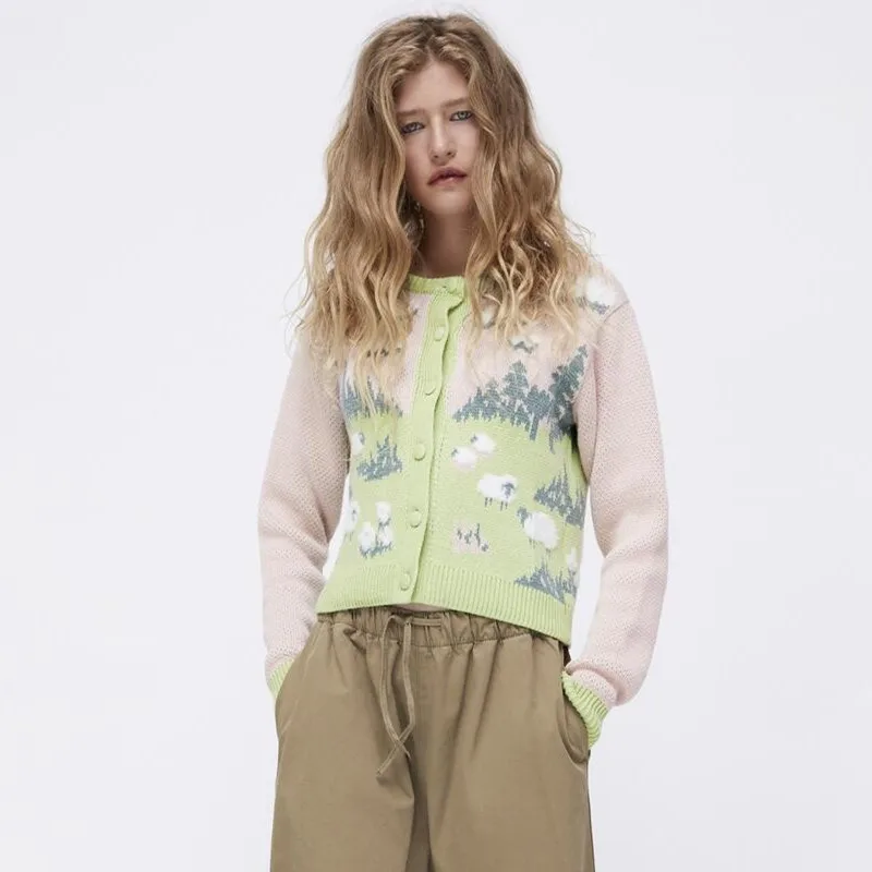 

Женское трикотажное пальто Uniera Za, светильник-зеленое облегающее пальто с круглым вырезом и вышивкой в виде овец, осень 2021