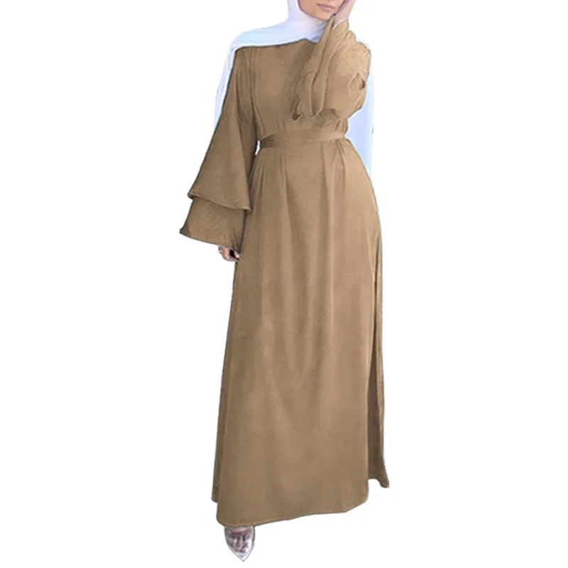 

Solid-colored Plus Size Dress Double-decker Horn Sleeve Muslim Robe Dress Women 2021