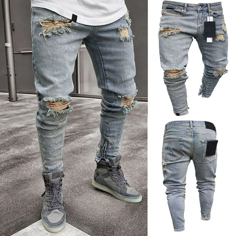

Мужские Стрейчевые рваные облегающие джинсы, потертые зауженные байкерские джинсовые длинные брюки