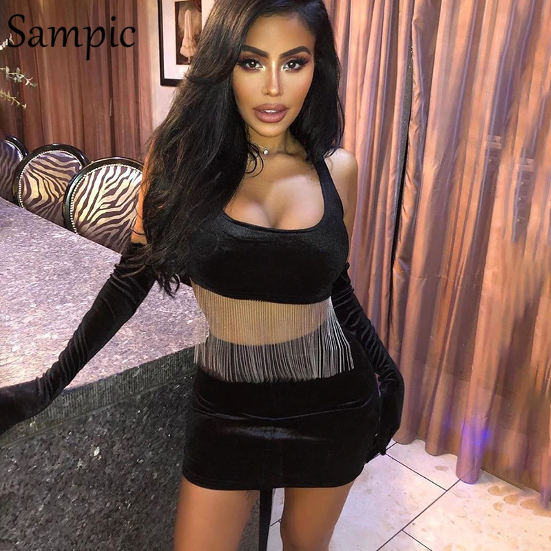 Sampic женский лоскутный сексуальный короткий топ с кисточками клубный юбка летний