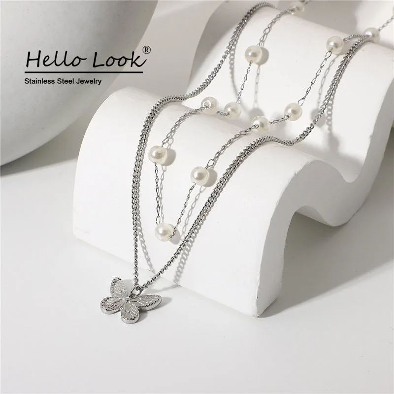 

HelloLook Steel Color Double Layer Pearl Necklace for Women Retro Embossed Butterfly Pendant Necklace Female Choker Jewelry
