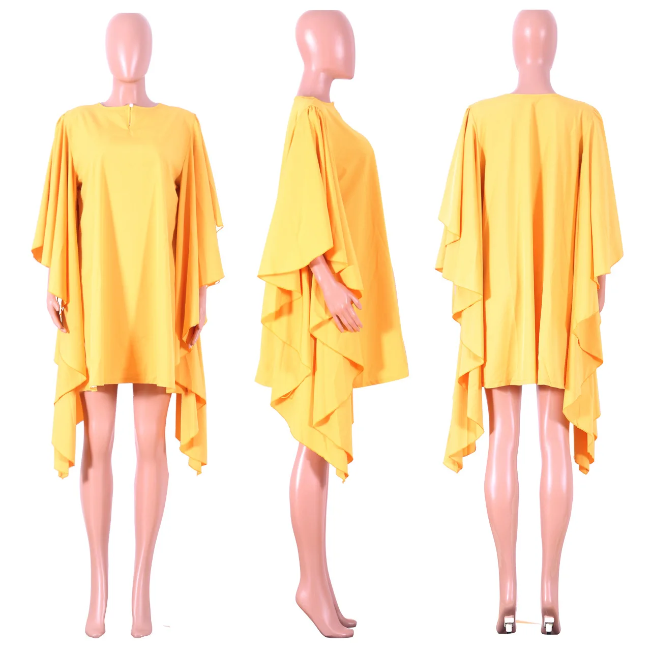 

Stunning Women Round Neck Loose Dresses 2021 Summer New Arrivals Half Batwing Sleeve Solid Color Ruffles Knee-Length Dress