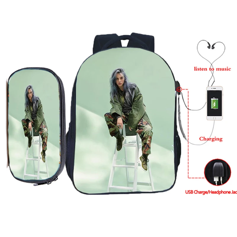 Billie Eilish рюкзак для зарядки через usb 2 шт./компл. школьная сумка для подростков мальчиков и девочек рюкзак для ноутбука пенал Дорожная сумка на плечо