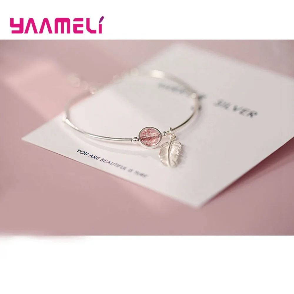 925 Sterling Silver Strawberry Quartz Crystal Feather Charm Bracelet Bangles Adjustable Cuff Braclets for Women Wedding Jewelry | Украшения